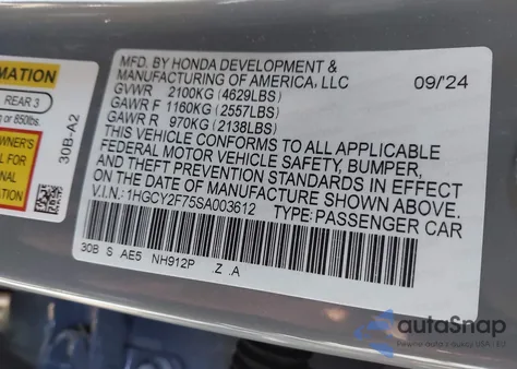 2025 Honda Accord Hybrid Sport-L from USA, damaged, VIN 1HGCY2F75SA003612